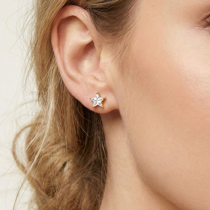Wholesale Titanium steel Star Zircon Stud Earrings — Gold-Tone Five-Pointed Star Earrings with Diamond Accents
