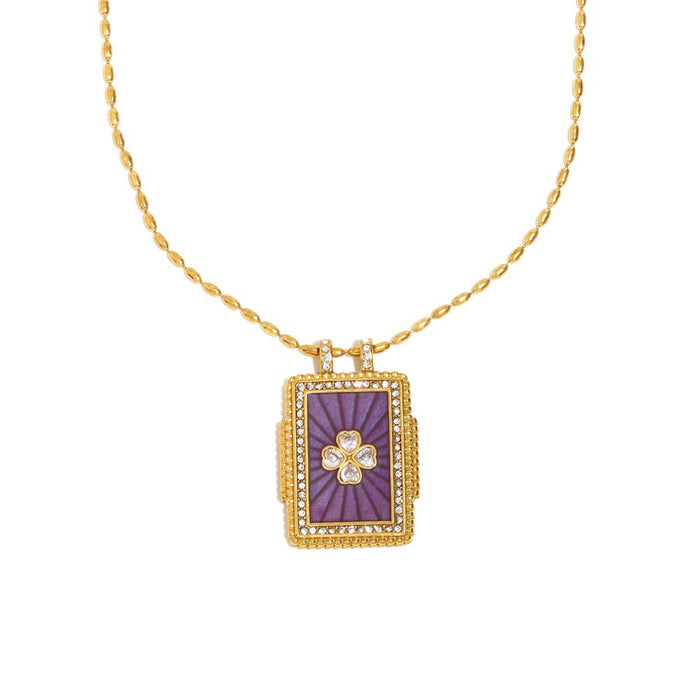 Wholesale Stainless steel jewelry trendy gold plated tarot card square pendant with dripping oil round flower necklace
