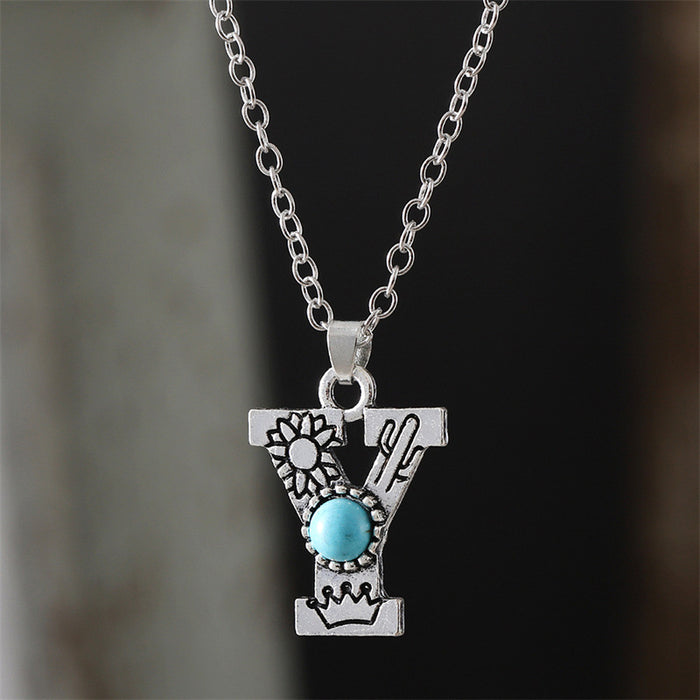 Wholesale 2pcs Retro 26 English Letter Turquoise Necklace