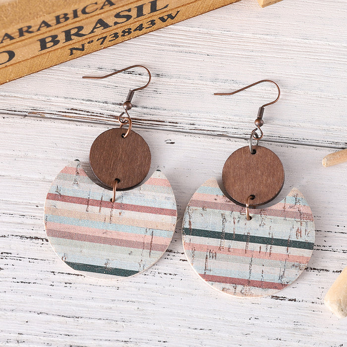Wholesale Bohemian distressed floral and leaf-printed leather and wood ing pendant earrings double-sided earrings