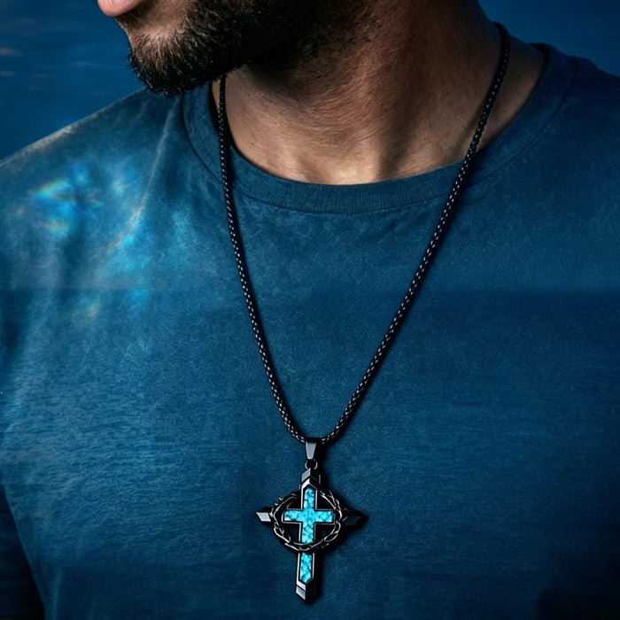 Wholesale Vintage Cross n Wreath Turquoise Pendant Necklace For Men Black Zinc Alloy Hip Hop Punk Jewelry Gift