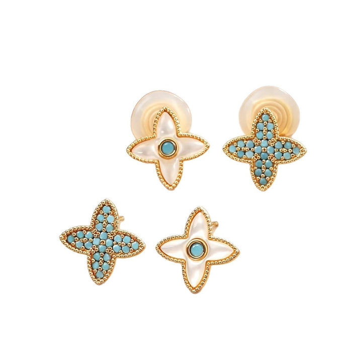 Wholesale Trendy Natural Shell Four Leaf Clover Asymmetrical Clip On Earrings For Women Electroplated Copper Fashion Jewelry Accessory