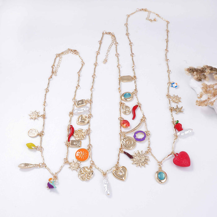 Wholesale drop oil red love alloy sunflower pendant multi-layered necklace