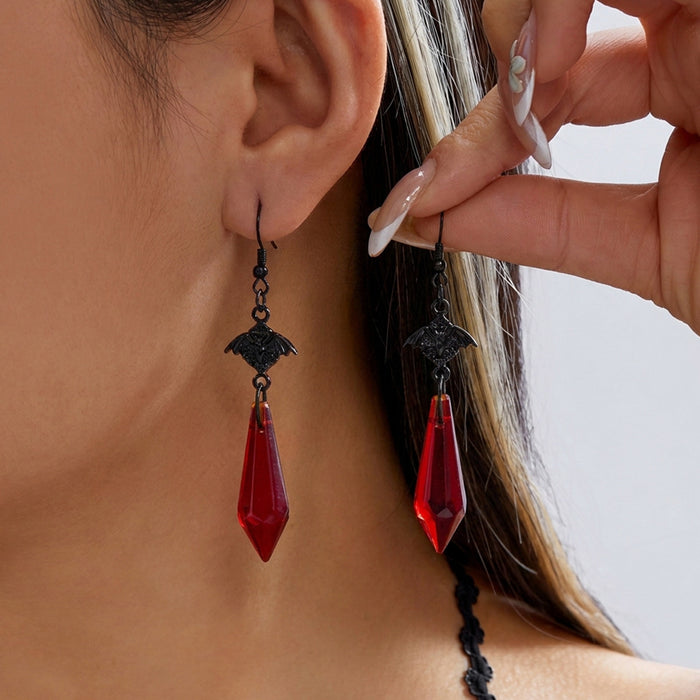 Wholesale Gothic Bat Wing Necklace and Earring Set Black Red Rhinestone Vintage Metal Chain