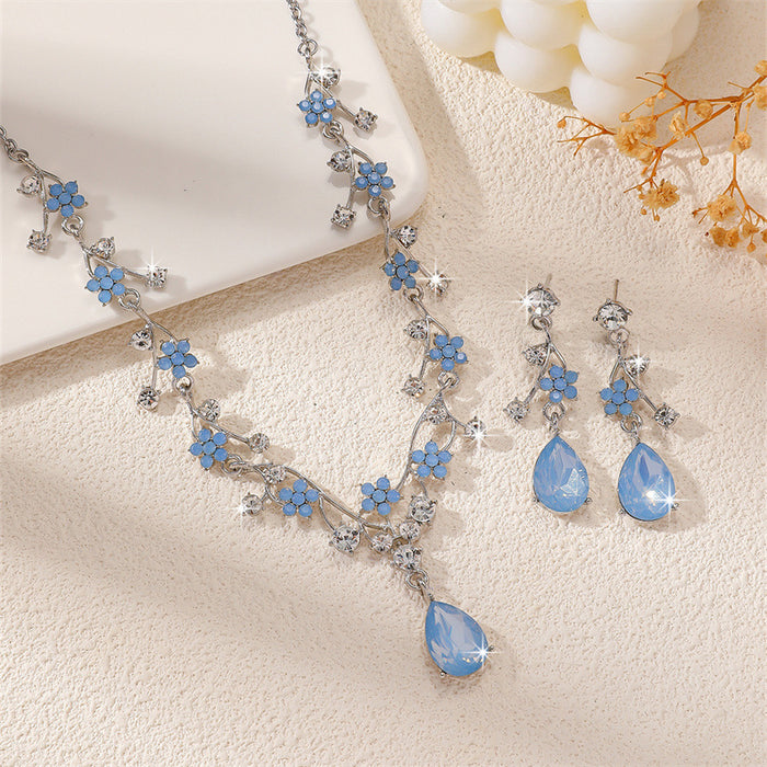 Wholesale Floral Blue Rhinestone Necklace and Earring Set Boutique MOQ≥2