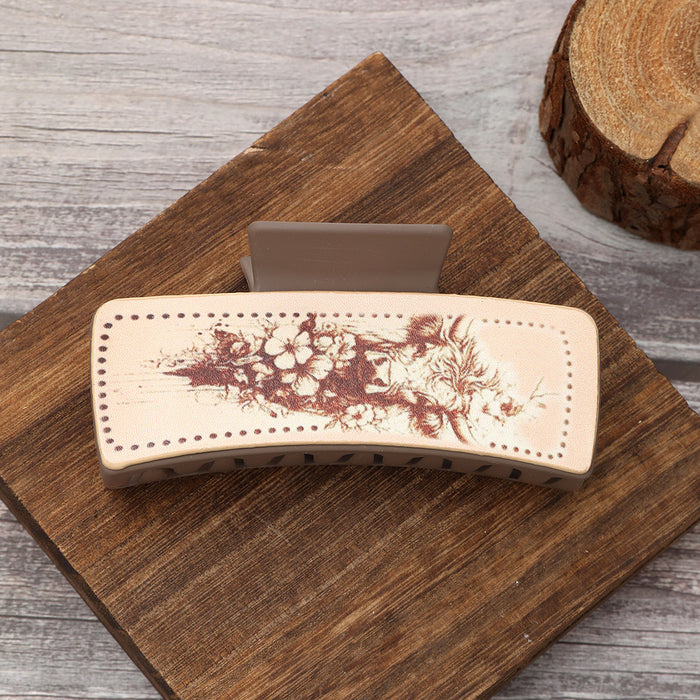 Wholesale Western Style Cactus Print Pattern Leather Hairpin Shark Clip Women' s Grab Clip