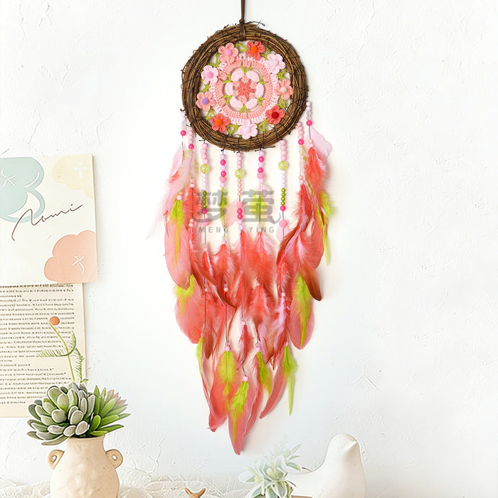 Wholesale Chic Handmade Vine Dreamcatcher Feather Wall Hanging Pink Garden Decor MOQ≥2