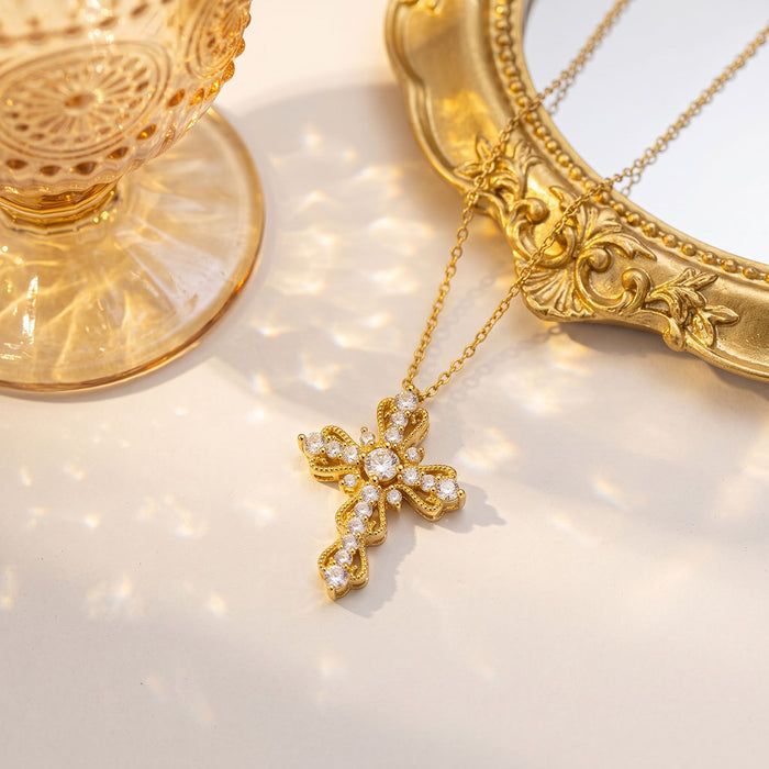 Wholesale Fashion Full Zircon Cross Necklace Titanium Steel Gold Plated Jewelry Accessory MOQ≥2