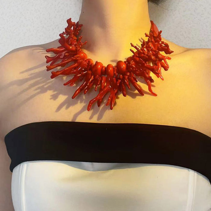Wholesale Bohemian necklace Red Coral Irregular Geometry Two-piece Necklace