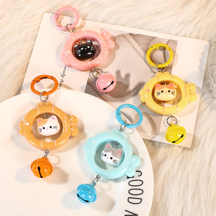 Wholesale Cartoon Cat Eating Fish 3D Keychain With Bell Blue Plastic Key Ring Fashion Bag Charm Accessory