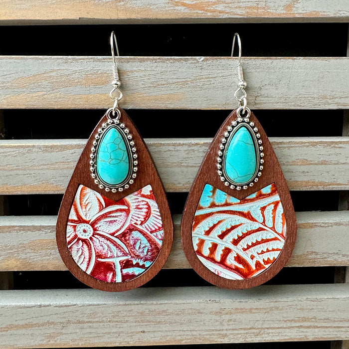 Wholesale Western genuine leather earrings classic horse hair leopard embossed cowhide water drop vintage earrings