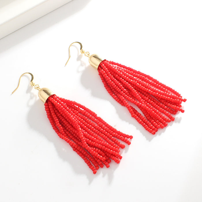 Wholesale Retro ethnic style handmade beaded earrings women' s elegant all-match Bohemian colorful tassel rice beads earrings