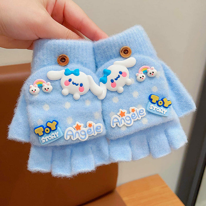 Wholesale Children' s Gloves Autumn and Winter Warm Cute Cartoon  Girls'  Half-Finger Flip Cover Baby Thickened Warm Five-Finger Set
