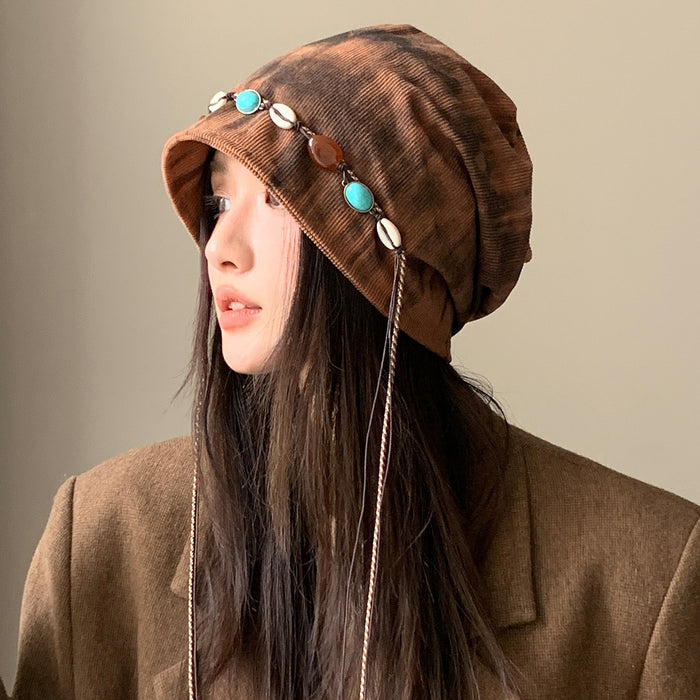 Wholesale Bohemian tie-dye pile hat with tassel beads and all-match windproof cold hat