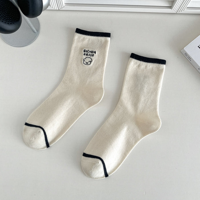 Wholesale Embroidered socks, children's pure cotton mid tube socks, cartoon cute cotton socks, versatile women's socks