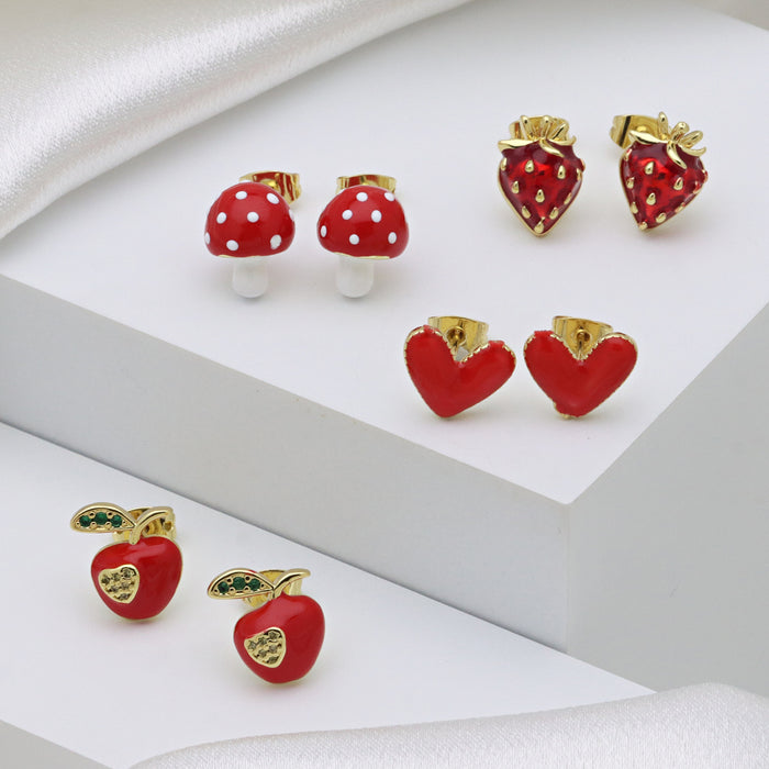 Wholesale Heart-shaped red strawberry apple mushroom color oil ear buckle ear clip earrings jewelry