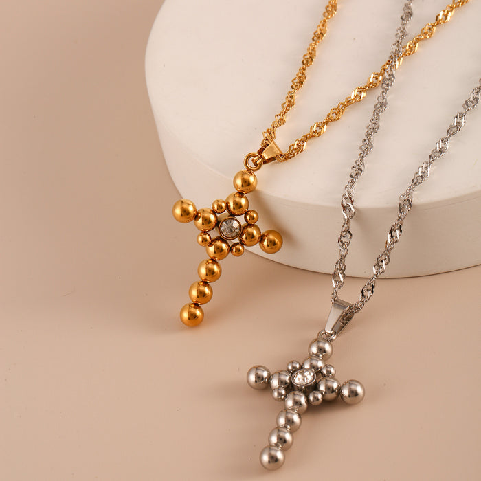 Wholesale New minimalist retro stainless steel round bead cross necklace with zircon light luxury style accessories color preservation wholesale