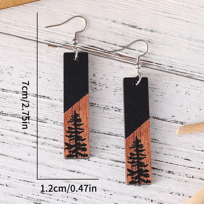 Wholesale Pine Tree Star Moon Rectangular Geometric Pendant Earrings Women' s Wooden Double-Sided Earrings