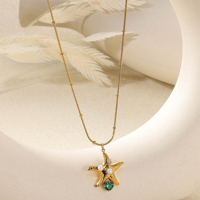 Wholesale Elegant Necklace Five-pointed Star Zircon Pearl Clavicle Chain  Titanium Steel