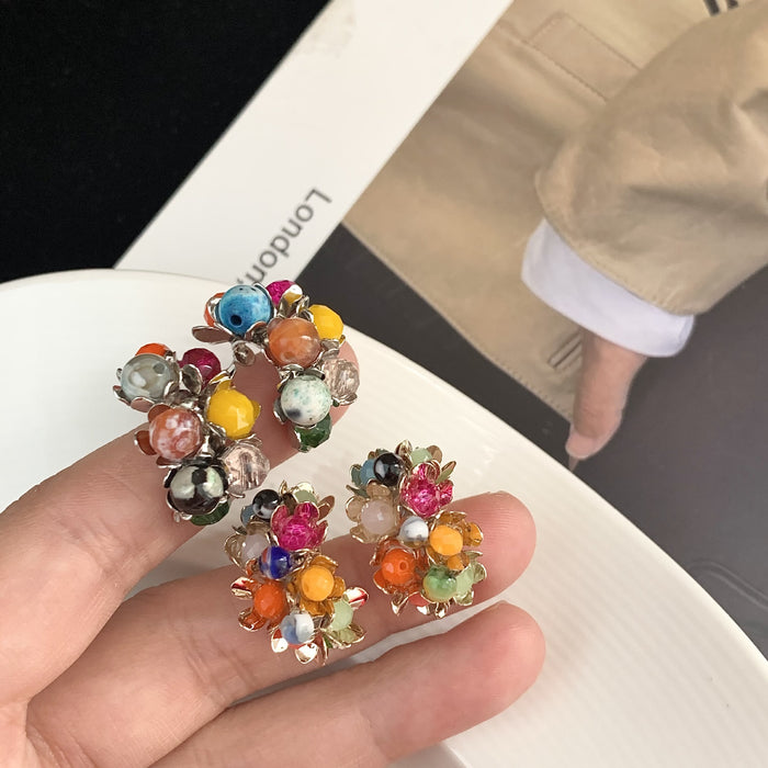 Wholesale flowers natural stone  925 silver ins rainbow small stone earrings