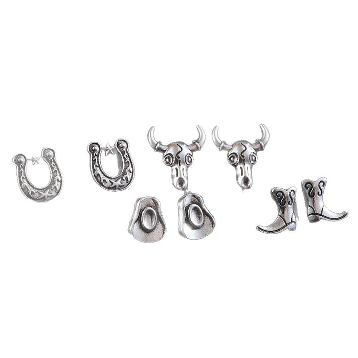 Wholesale Retro ethnic style cowboy earrings Creative design horseshoe bull head flower shoe and hat accessories