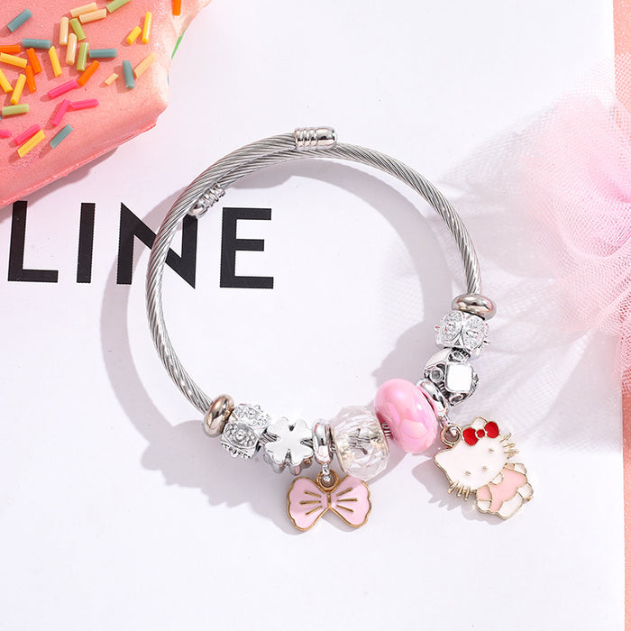 Wholesale Cartoon Stainless Steel Silver Bracelet Bow Pendant Beaded Charms Bracelet