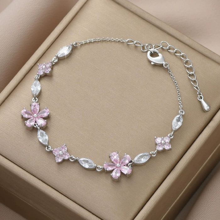 Wholesale Pink Flower Luxury Zircon Gesture Bracelet