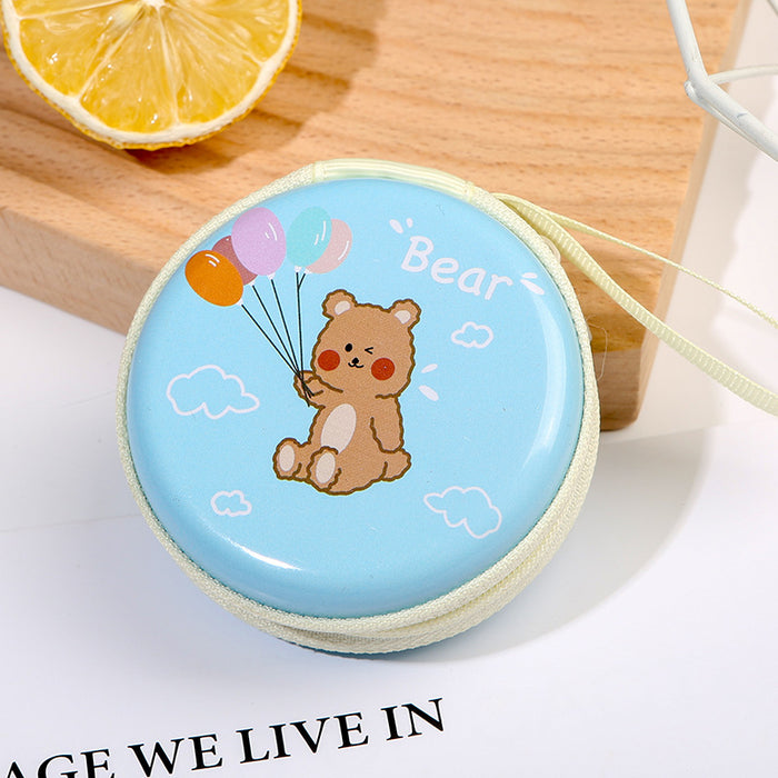 Wholesale Creative Round Tinplate Coin Purse Mini Cartoon Zipper Data Cable Storage Bag Headset Keychain Small Wallet