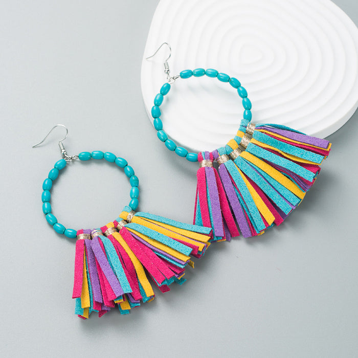 Wholesale Large round turquoise handmade leather tassel statement earrings