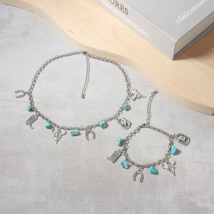 Wholesale western Denim retro ethnic style imitation turquoise alloy cow's head boots hat Necklace