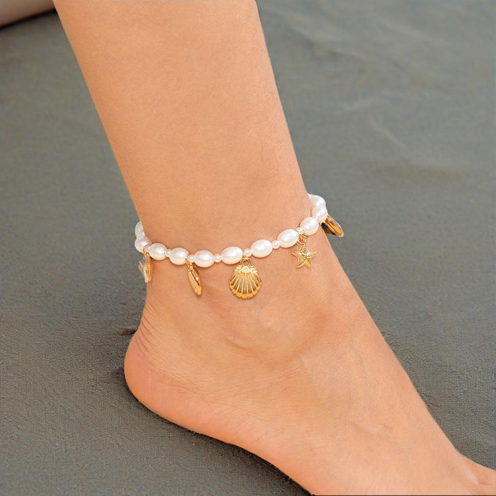 Wholesale Color blocking ankle chains, foot accessories, rice beads, ankle chains, starfish, shell sets, multi-layer layered accessories