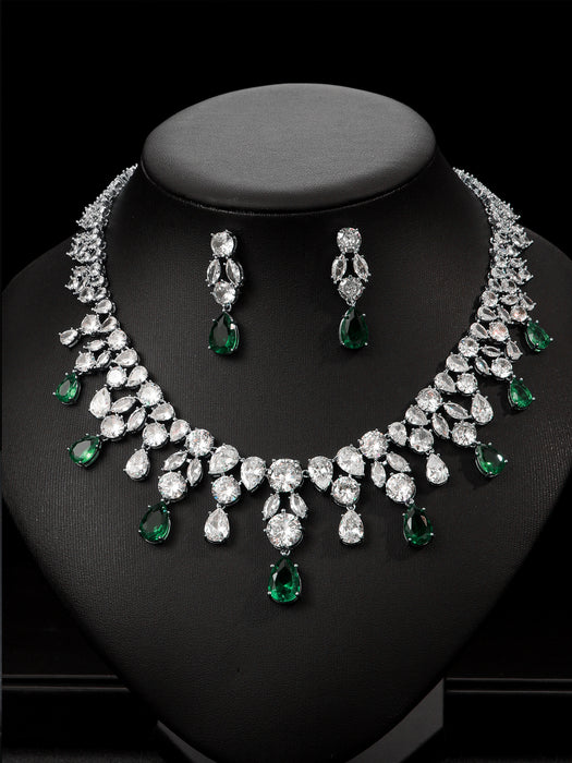 Wholesale Zircon Necklace Earrings Set Bride Wedding Dress Dinner Jewelry Water Drop Full of Diamonds