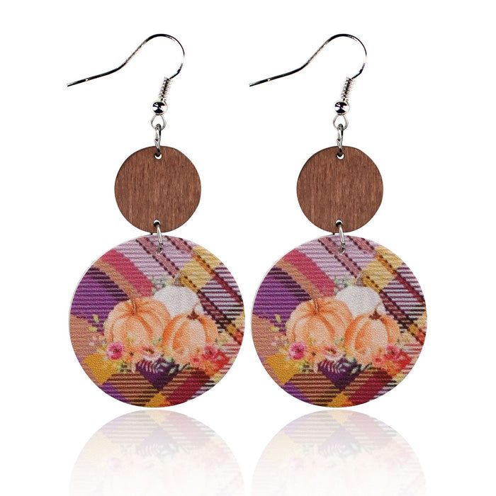 Wholesale Thanksgiving Pumpkin Western Leopard Print Sunflower Eyes Round Leather Wood Block Earrings