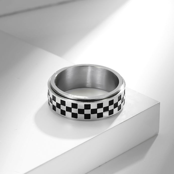 Wholesale Chessboard Black and White Grid Rotatable Stainless Steel Ring JDC-RS-QianF034