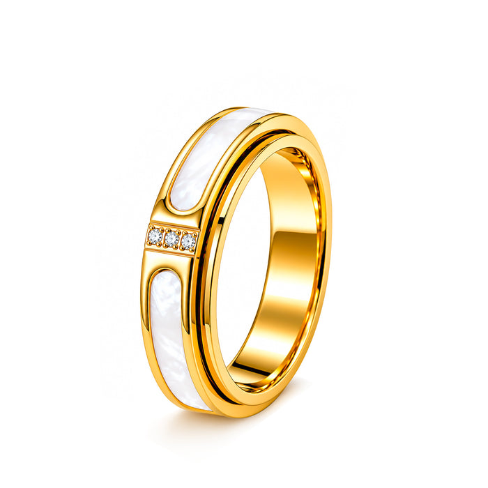 Wholesale Light Luxury Rotatable Ring with White Shell and Crystal 304 Stainless Steel