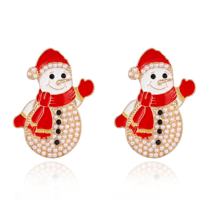 Wholesale Alloy Christmas Snowman Earrings with Rhinestone and Pearl Fashion Accessory Gift