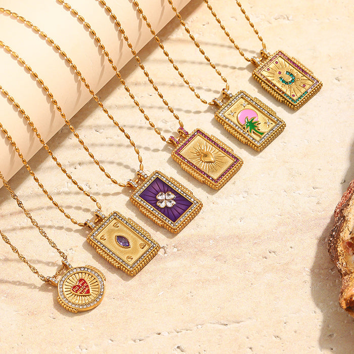 Wholesale Stainless steel jewelry trendy gold plated tarot card square pendant with dripping oil round flower necklace