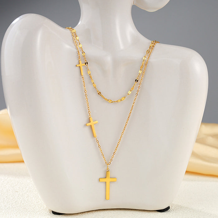 Wholesale Elegant Cross Necklace Stainless Steel 18K Gold Plated Double Layer Chain Trendy Layering Jewelry Accessory For Women Party Gift Boutique