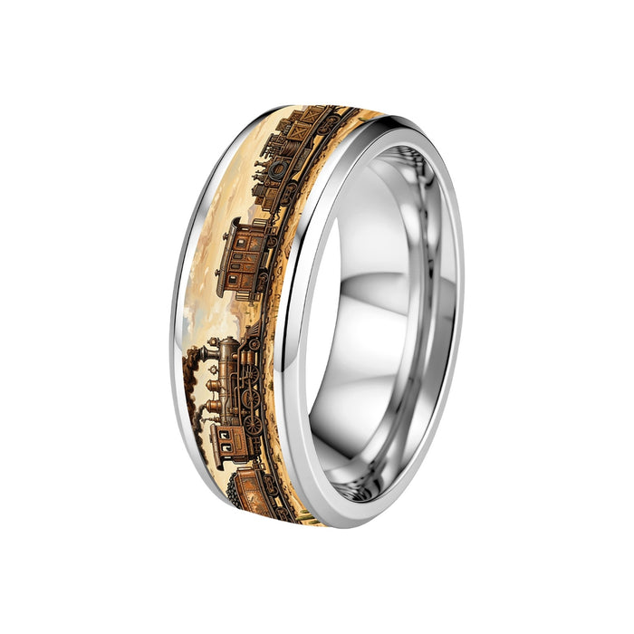 Wholesale 304 Stainless Steel Men' s Vintage Western Train Ring Silver Electroplated Jewelry Accessory