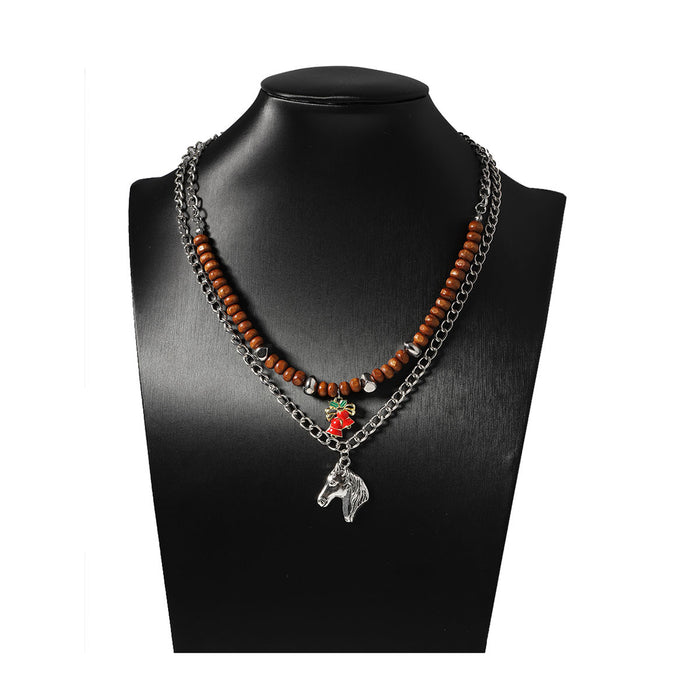 Wholesale Metal Chain Double-layer Stacked Horse Head Bell Pendant Women's Necklace