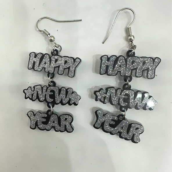 Wholesale New Year Celebration Wooden Earrings Happy New Year Letter Splicing Earrings