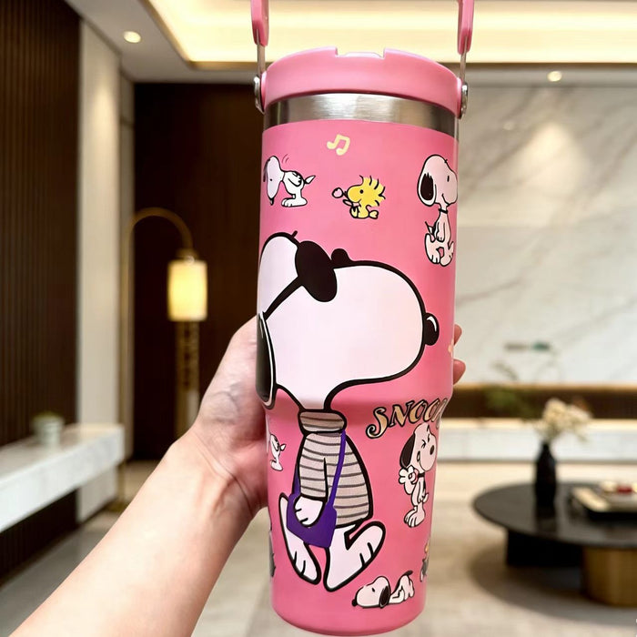 Wholesale Stylish Cartoon Insulated Cup 304 Stainless Steel with Handle and Straw Large Capacity Thermal Mug