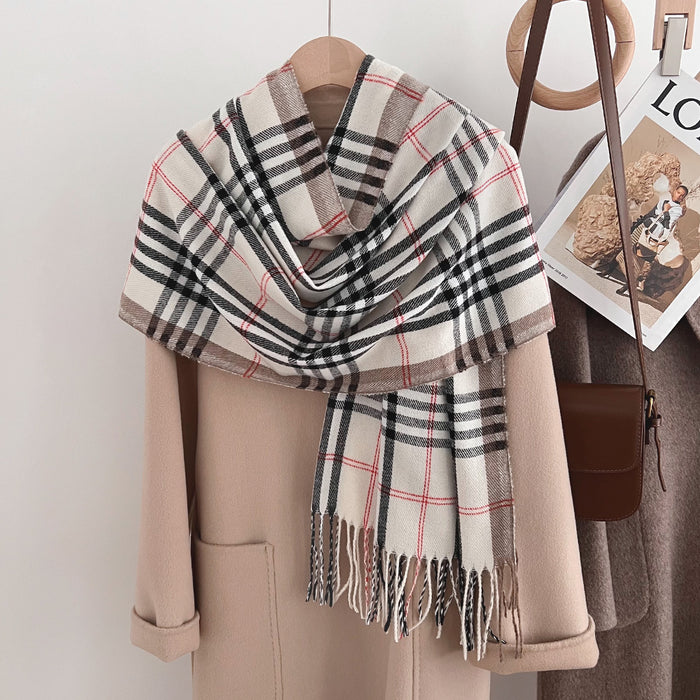 Wholesale  Winter Classic Plaid Faux Cashmere  Tassel Shawl