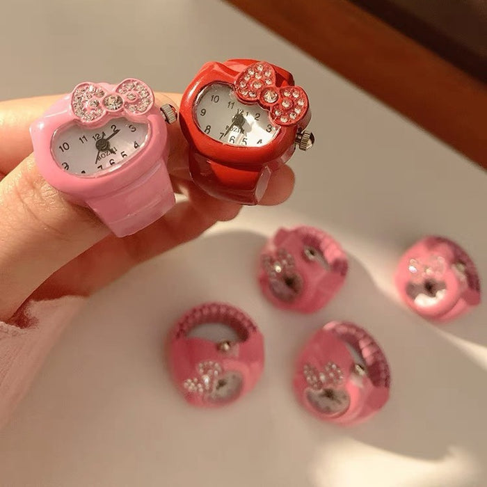 Wholesale Cute bow, rhinestone, clock, watch, ring, women's niche design, fashionable and versatile ring, watch