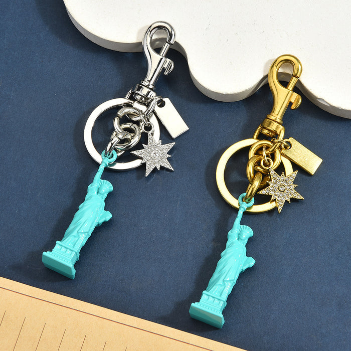 Wholesale Chic Statue Of Liberty Keychain Pendant Light Blue 3D Charm With Rhinestone Star Gold Tone Alloy Bag Accessory