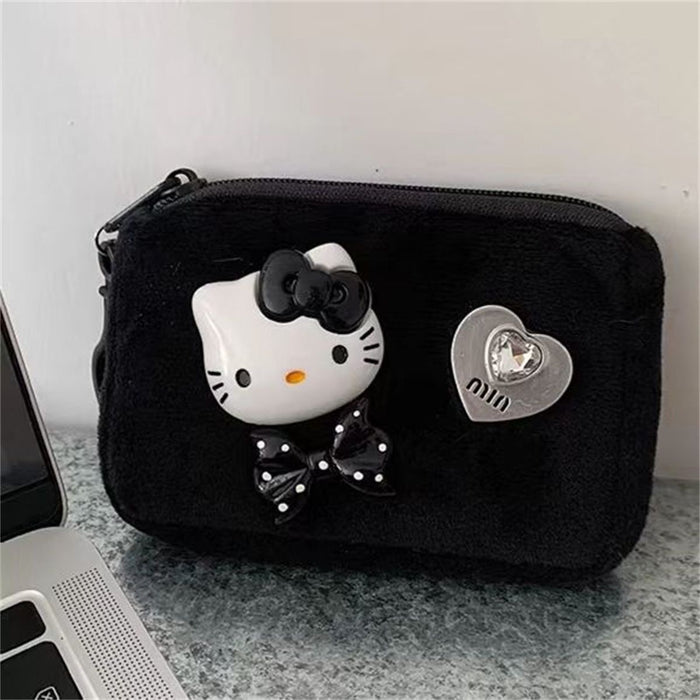 Wholesale Plush Cat Coin Purse Bag Charm Soft Polyester Cute Black Bow Design Zipper Closure
