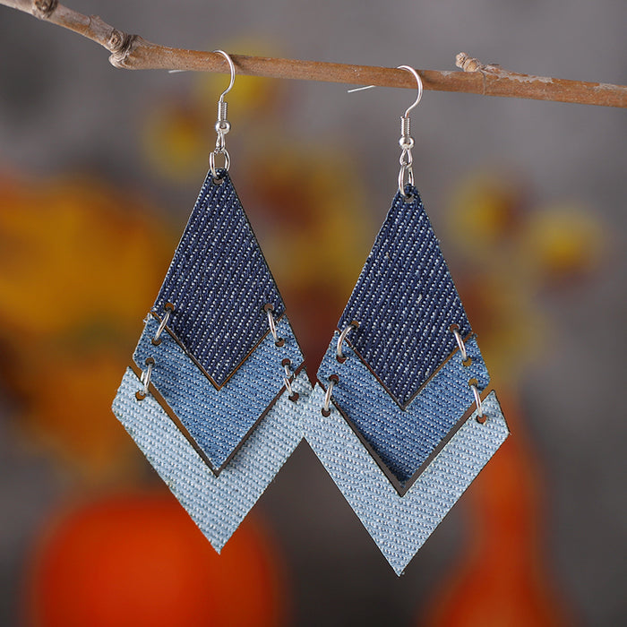 Wholesale Gradient blue denim geometric triple ing earrings Western Bohemian denim leather earrings