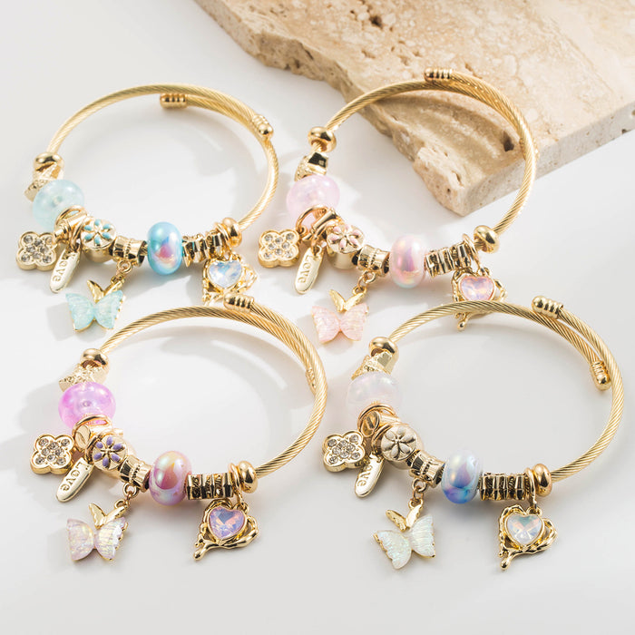 Wholesale Stylish Purple Stainless Steel Charm Bracelet With Diamond Set Four Leaf Clover Butterfly Heart And LOVE Pendant Fashion Accessory