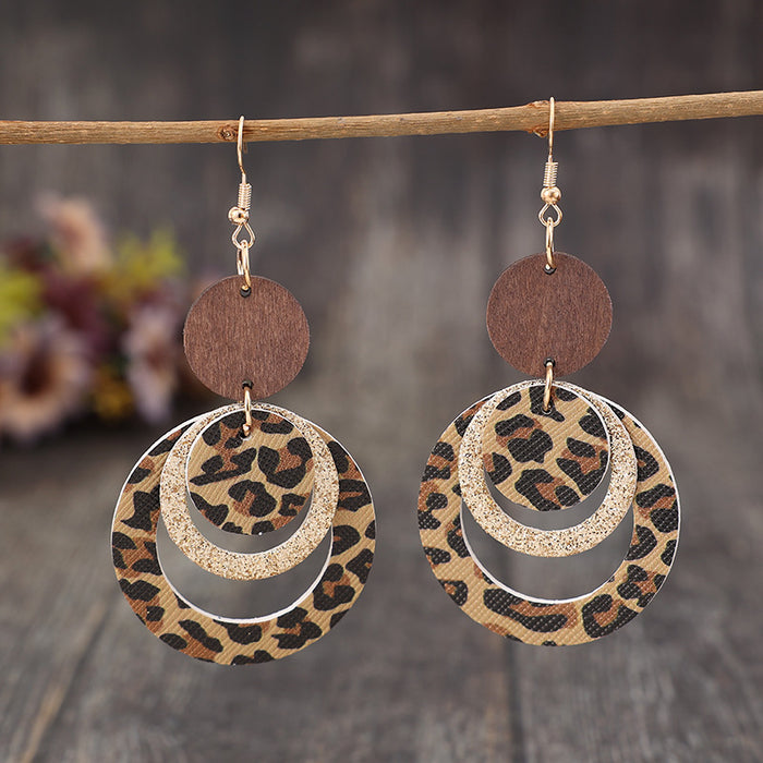 Wholesale New retro style three-layer leopard print sequin ring leather earrings and earrings wholesale