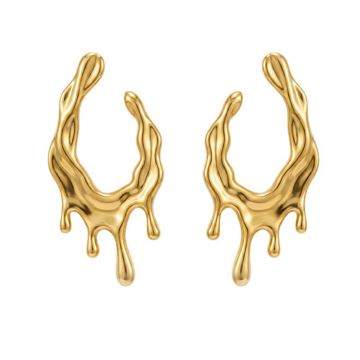 Wholesale Stainless Steel Irregular Geometric Earrings Vintage Lava Liquid Metal C-Shape Hoops